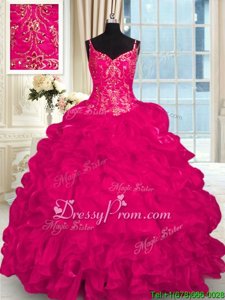Sleeveless Brush Train Beading and Embroidery and Ruffles Lace Up Sweet 16 Dresses