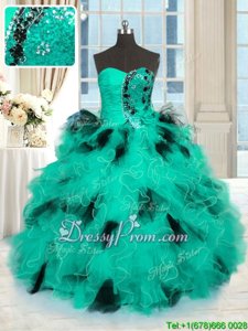 Turquoise Lace Up Quince Ball Gowns Beading and Ruffles Sleeveless Floor Length