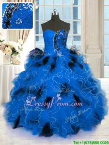 Top Selling Tulle Strapless Sleeveless Lace Up Beading and Ruffles Sweet 16 Quinceanera Dress inBlue