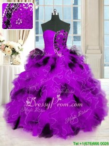 Pretty Purple Ball Gowns Tulle Strapless Sleeveless Beading and Ruffles Floor Length Lace Up Quinceanera Dresses