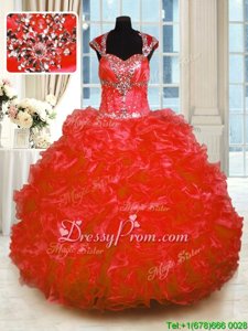 Simple Cap Sleeves Beading and Ruffles Lace Up Ball Gown Prom Dress