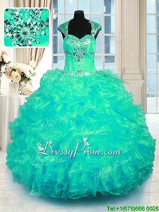 Spectacular Straps Cap Sleeves Lace Up Quinceanera Gown Turquoise Organza