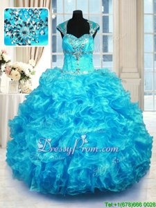 Excellent Straps Cap Sleeves Organza Vestidos de Quinceanera Beading and Ruffles Lace Up