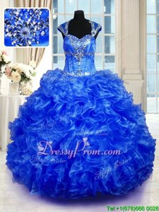 Customized Royal Blue Cap Sleeves Floor Length Beading and Ruffles Lace Up 15th Birthday Dress