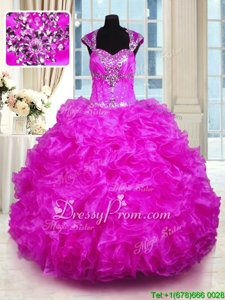 Smart Floor Length Fuchsia 15th Birthday Dress Straps Cap Sleeves Lace Up