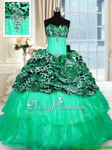 Glittering Turquoise Ball Gowns Organza and Printed Strapless Sleeveless Beading and Ruffled Layers Lace Up Quinceanera Dresses Sweep Train