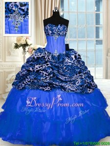 Customized Blue Ball Gowns Strapless Sleeveless Organza and Printed Floor Length Lace Up Beading and Sequins 15th Birthday Dress