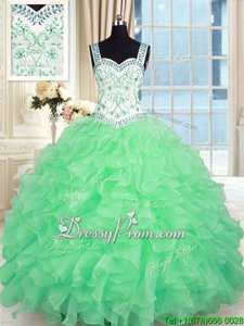 Glittering Spring Green Organza Lace Up Sweetheart Sleeveless Floor Length Quince Ball Gowns Beading and Appliques and Ruffles