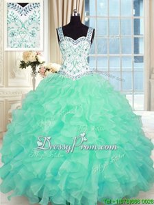 Unique Turquoise Ball Gowns Organza Sweetheart Sleeveless Beading and Appliques and Ruffles Floor Length Lace Up Quince Ball Gowns