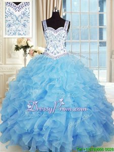 High End Baby Blue Ball Gowns Beading and Appliques and Ruffles Sweet 16 Dresses Lace Up Organza Sleeveless Floor Length