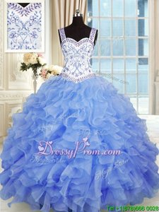 Luxury Blue Sweetheart Lace Up Beading and Appliques and Ruffles Quince Ball Gowns Sleeveless