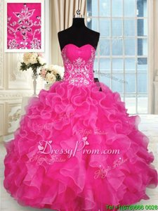 Romantic Sleeveless Floor Length Beading and Appliques and Ruffles Lace Up Ball Gown Prom Dress with Hot Pink