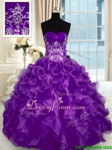 Attractive Purple Sleeveless Floor Length Beading and Appliques and Ruffles Lace Up Sweet 16 Quinceanera Dress