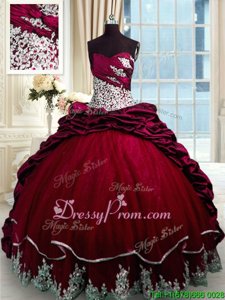Elegant Wine Red Lace Up Sweetheart Beading and Appliques and Pick Ups Quinceanera Dresses Taffeta Sleeveless Brush Train