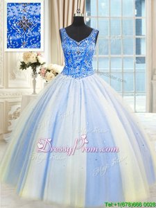 Custom Design Spring and Summer and Fall and Winter Tulle Sleeveless Floor Length Ball Gown Prom Dress andBeading and Sequins