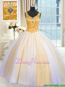 Wonderful V-neck Sleeveless 15 Quinceanera Dress Floor Length Beading and Sequins Multi-color Tulle
