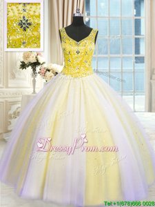Perfect V-neck Sleeveless Vestidos de Quinceanera Floor Length Beading and Sequins Multi-color Tulle