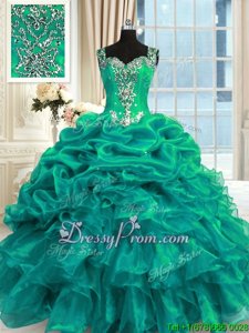 Fashionable Turquoise Lace Up Straps Beading and Ruffles and Pick Ups 15 Quinceanera Dress Organza Sleeveless