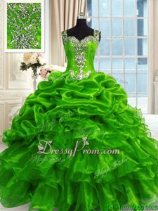 Beautiful Green Quinceanera Dress Military Ball and Sweet 16 and Quinceanera and For withBeading and Ruffles and Pick Ups Straps Sleeveless Lace Up
