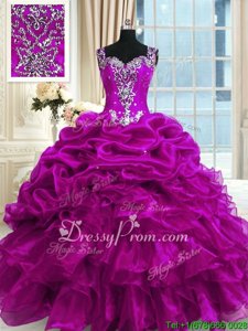 Artistic Fuchsia Organza Lace Up Straps Sleeveless Floor Length Sweet 16 Quinceanera Dress Beading and Ruffles and Pick Ups