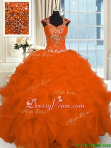 Comfortable Straps Cap Sleeves 15 Quinceanera Dress Floor Length Beading and Ruffles Orange Organza