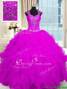 On Sale Fuchsia Cap Sleeves Organza Lace Up Vestidos de Quinceanera forMilitary Ball and Sweet 16 and Quinceanera