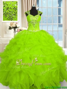 Stylish Yellow Green Cap Sleeves Organza Lace Up 15 Quinceanera Dress forMilitary Ball and Sweet 16 and Quinceanera