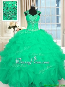 Straps Cap Sleeves Organza Quinceanera Gown Beading and Ruffles and Pattern Lace Up