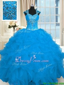Pretty Aqua Blue Lace Up Quince Ball Gowns Beading and Ruffles Cap Sleeves Floor Length