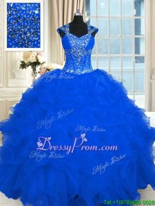 Great Spring and Summer and Fall and Winter Organza Cap Sleeves Floor Length Sweet 16 Quinceanera Dress andBeading and Ruffles