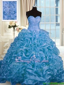 On Sale Sleeveless Organza Sweep Train Lace Up 15 Quinceanera Dress inBlue forSpring and Summer and Fall and Winter withBeading and Pick Ups