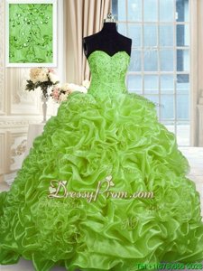 Suitable Sleeveless Organza With Train Sweep Train Lace Up 15 Quinceanera Dress inSpring Green forSpring and Summer and Fall and Winter withBeading and Pick Ups