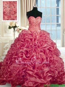 Modern Red Lace Up Sweetheart Beading and Pick Ups 15th Birthday Dress Organza Sleeveless