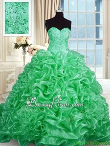 Clearance Apple Green Sweet 16 Quinceanera Dress Organza Sweep Train Sleeveless Spring and Summer and Fall and Winter Beading