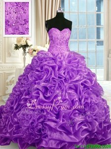 Edgy Lavender Quinceanera Gown Organza Sweep Train Sleeveless Spring and Summer and Fall and Winter Beading and Pick Ups