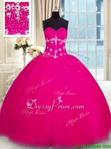 Sumptuous Fuchsia Ball Gowns Tulle Sweetheart Sleeveless Beading Floor Length Lace Up Ball Gown Prom Dress