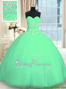 Fine Sleeveless Tulle Floor Length Lace Up Sweet 16 Dress inTurquoise forSpring and Summer and Fall and Winter withAppliques