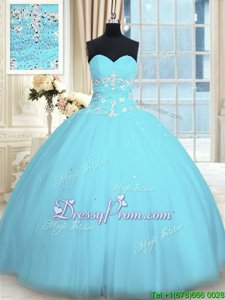 Comfortable Light Blue Tulle Lace Up Quinceanera Dress Sleeveless Floor Length Appliques