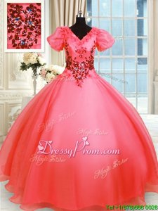 Luxury Short Sleeves Floor Length Appliques Lace Up Quinceanera Gowns with Coral Red