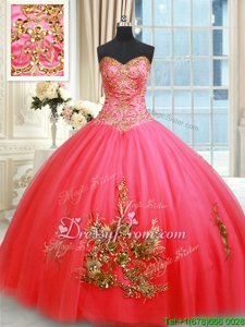Hot Selling Floor Length Ball Gowns Sleeveless Coral Red Quinceanera Dress Lace Up