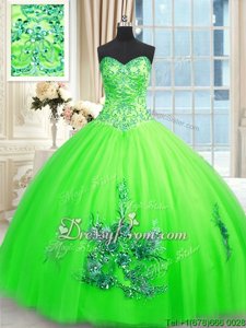 High Class Spring Green Sleeveless Floor Length Appliques Lace Up Sweet 16 Dresses
