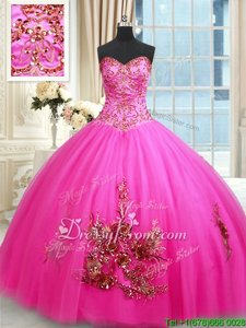 Modern Tulle Sweetheart Sleeveless Lace Up Beading and Appliques and Embroidery Quinceanera Dress inHot Pink