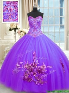 Simple Sweetheart Sleeveless Sweet 16 Dresses Floor Length Beading and Appliques and Embroidery Purple Tulle