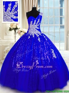 Latest Royal Blue Sweet 16 Quinceanera Dress Military Ball and Sweet 16 and Quinceanera and For withAppliques One Shoulder Sleeveless Lace Up