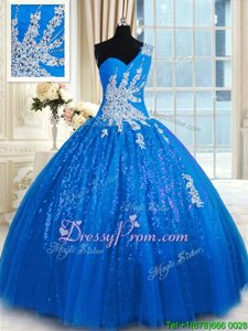 Spectacular Blue Sleeveless Floor Length Appliques Lace Up Quinceanera Gown