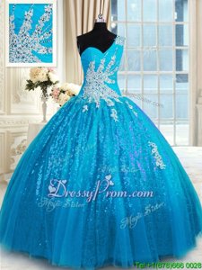 Baby Blue Lace Up 15th Birthday Dress Appliques Sleeveless Floor Length