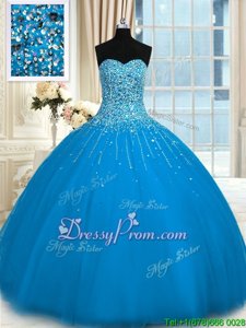 Pretty Sleeveless Tulle Floor Length Lace Up Sweet 16 Dresses inTeal forSpring and Summer and Fall and Winter withBeading and Ruffles