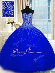 Cute Royal Blue Ball Gowns Beading 15th Birthday Dress Lace Up Tulle Sleeveless Floor Length