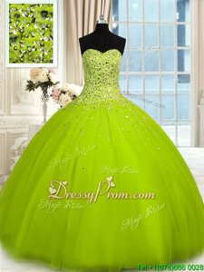 Noble Olive Green Ball Gowns Sweetheart Sleeveless Tulle Floor Length Lace Up Beading 15 Quinceanera Dress