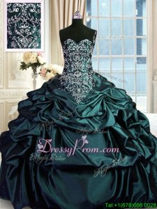 Navy Blue Taffeta Zipper Sleeveless Floor Length 15th Birthday Dress Beading and Embroidery and Pick Ups